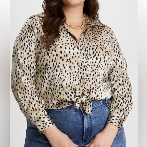 Laura Tops - Laura Plus Animal Print Satin Button Up Blouse 1X